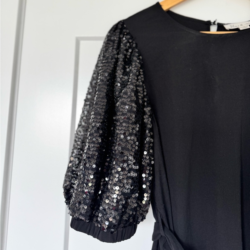Vine & Love Black Dress with Sequin Sleeves